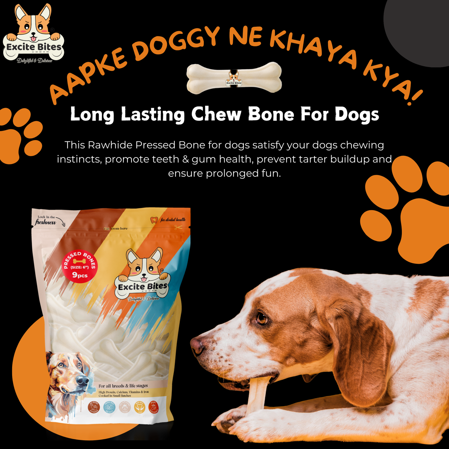 Excite Bites Dog Rawhide Pressed Bones Mega Pack (Dog Chews) (Size 6") (9 Pcs)