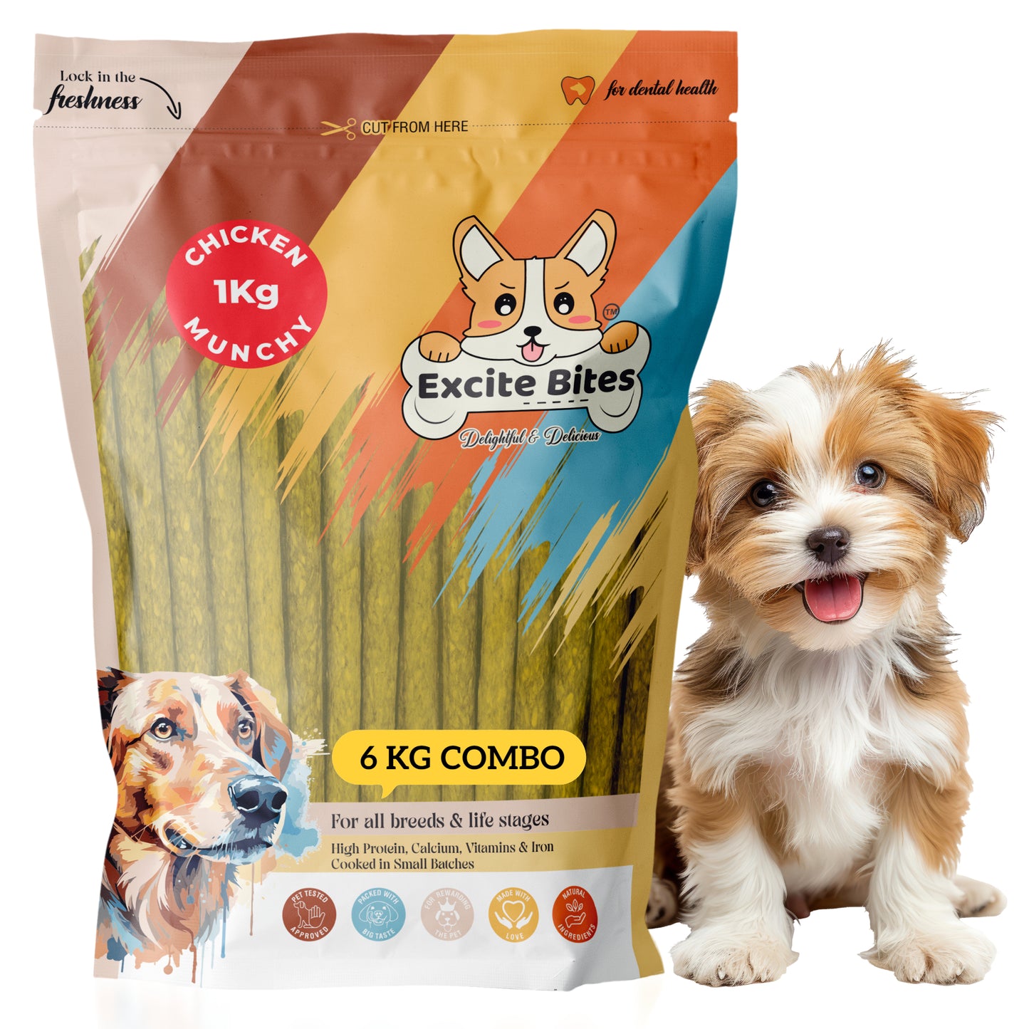 Excite Bites Chicken Flavor Munchy Sticks - 1 kg Dog Chew Sticks (Pack of 6) (6 Kg)