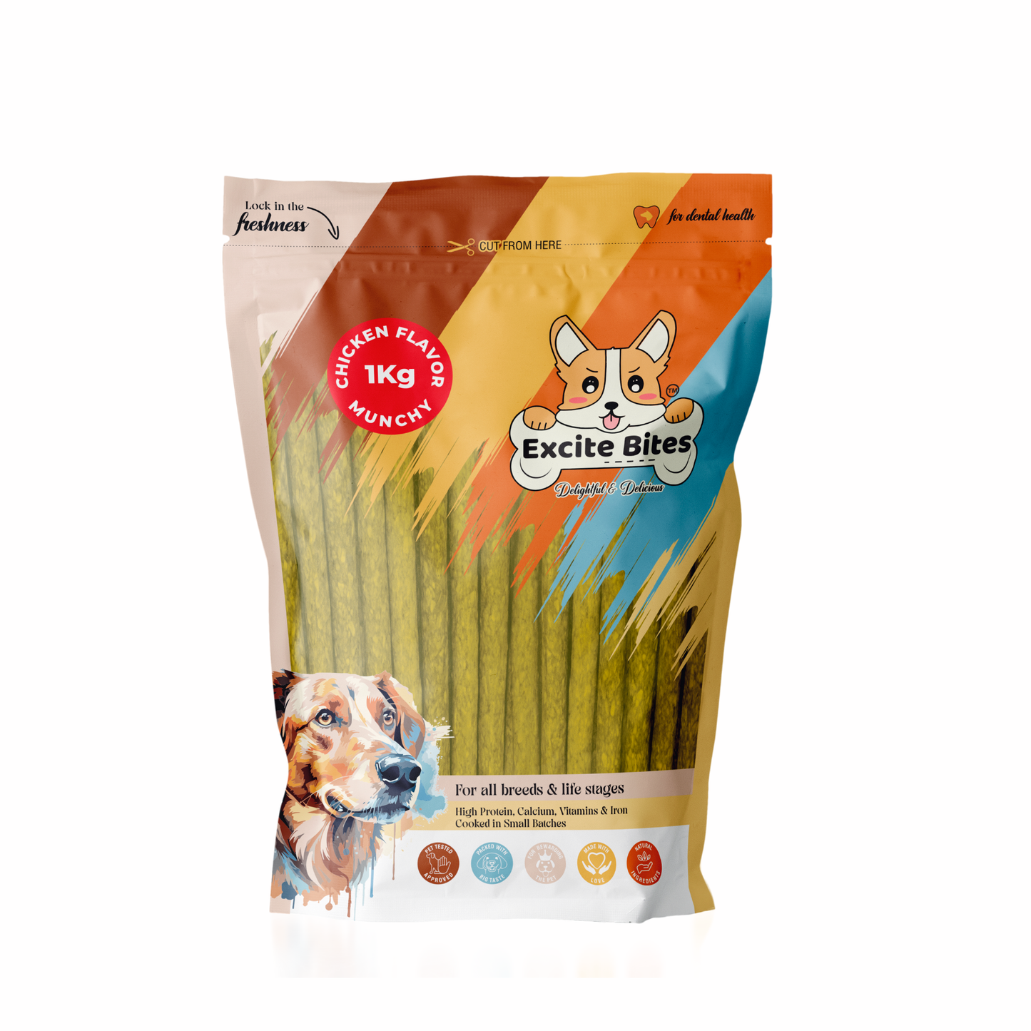 Excite Bites Chicken Flavor | Munchy Sticks | 1 kg | 100 Pieces | Dog Chews | Nutritional Dog Chews | Protein Chews | Dog Treat | Long-Lasting Chews