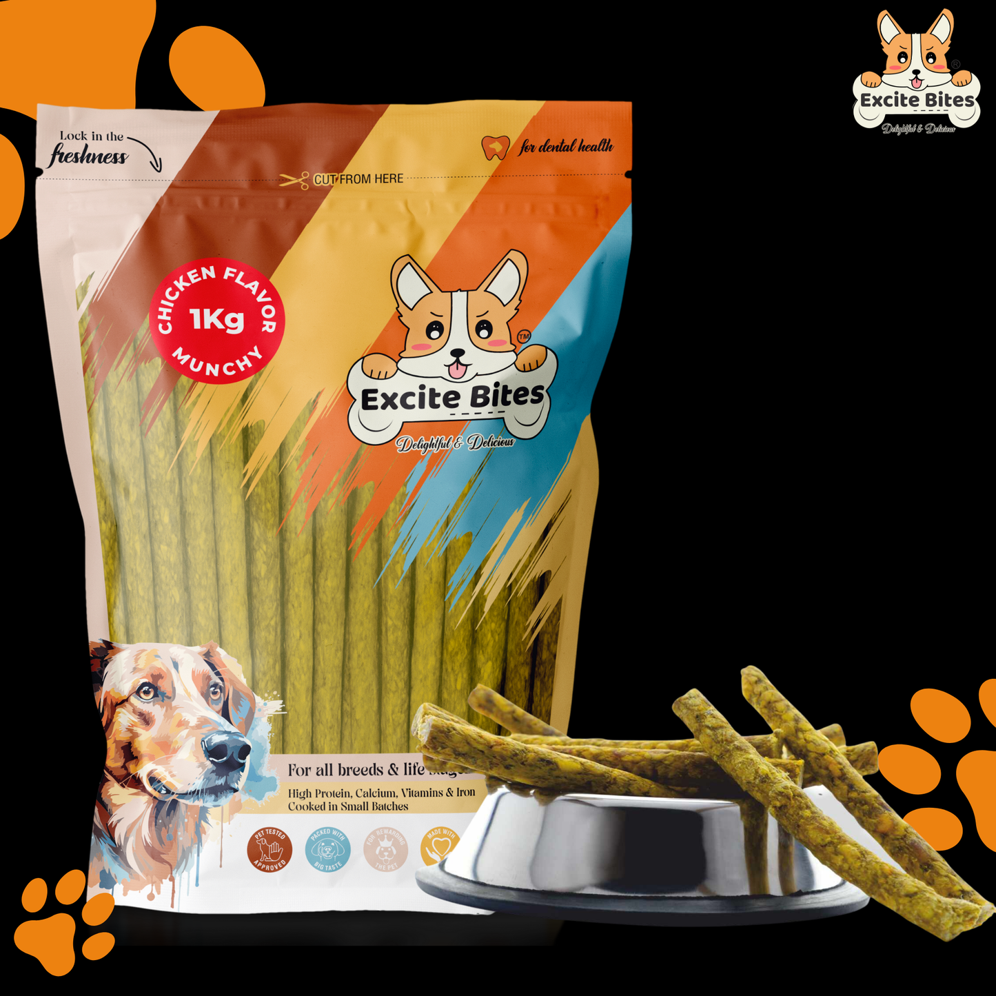 Excite Bites Chicken Flavor | Munchy Sticks | 1 kg | 100 Pieces | Dog Chews | Nutritional Dog Chews | Protein Chews | Dog Treat | Long-Lasting Chews