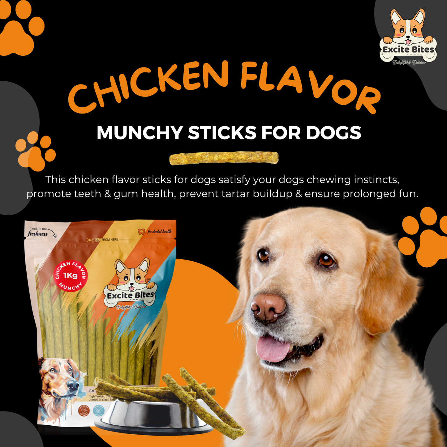 Excite Bites Chicken Flavor | Munchy Sticks | 1 kg | 100 Pieces | Dog Chews | Nutritional Dog Chews | Protein Chews | Dog Treat | Long-Lasting Chews