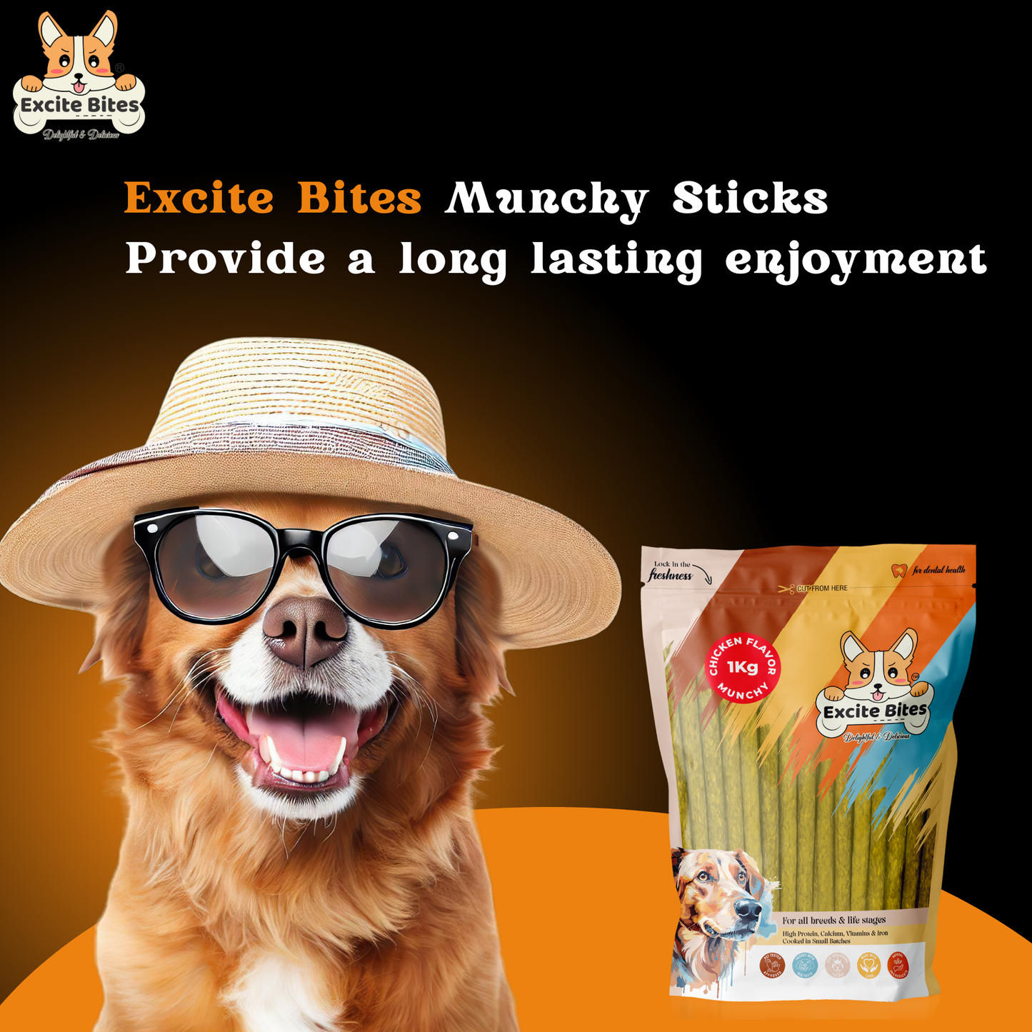 Excite Bites Chicken Flavor | Munchy Sticks | 1 kg | 100 Pieces | Dog Chews | Nutritional Dog Chews | Protein Chews | Dog Treat | Long-Lasting Chews