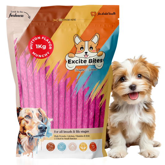 Excite Bites Mutton Flavor | Munchy Sticks | 1 kg | 100 Pieces | Dog Chews | Nutritional Dog Chews | Protein Chews | Dog Treat | Long-Lasting Chews