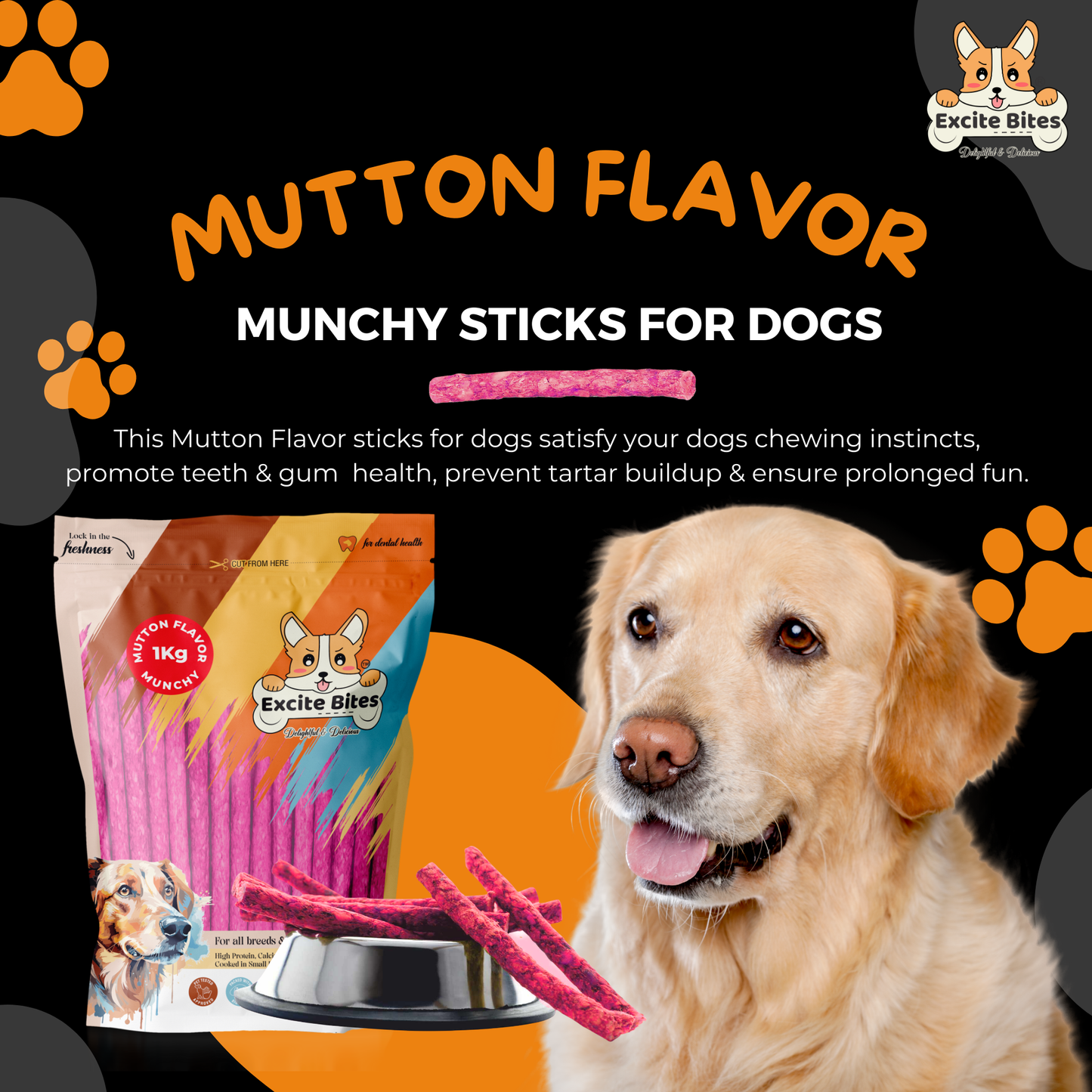 Excite Bites Mutton Flavor | Munchy Sticks | 1 kg | 100 Pieces | Dog Chews | Nutritional Dog Chews | Protein Chews | Dog Treat | Long-Lasting Chews
