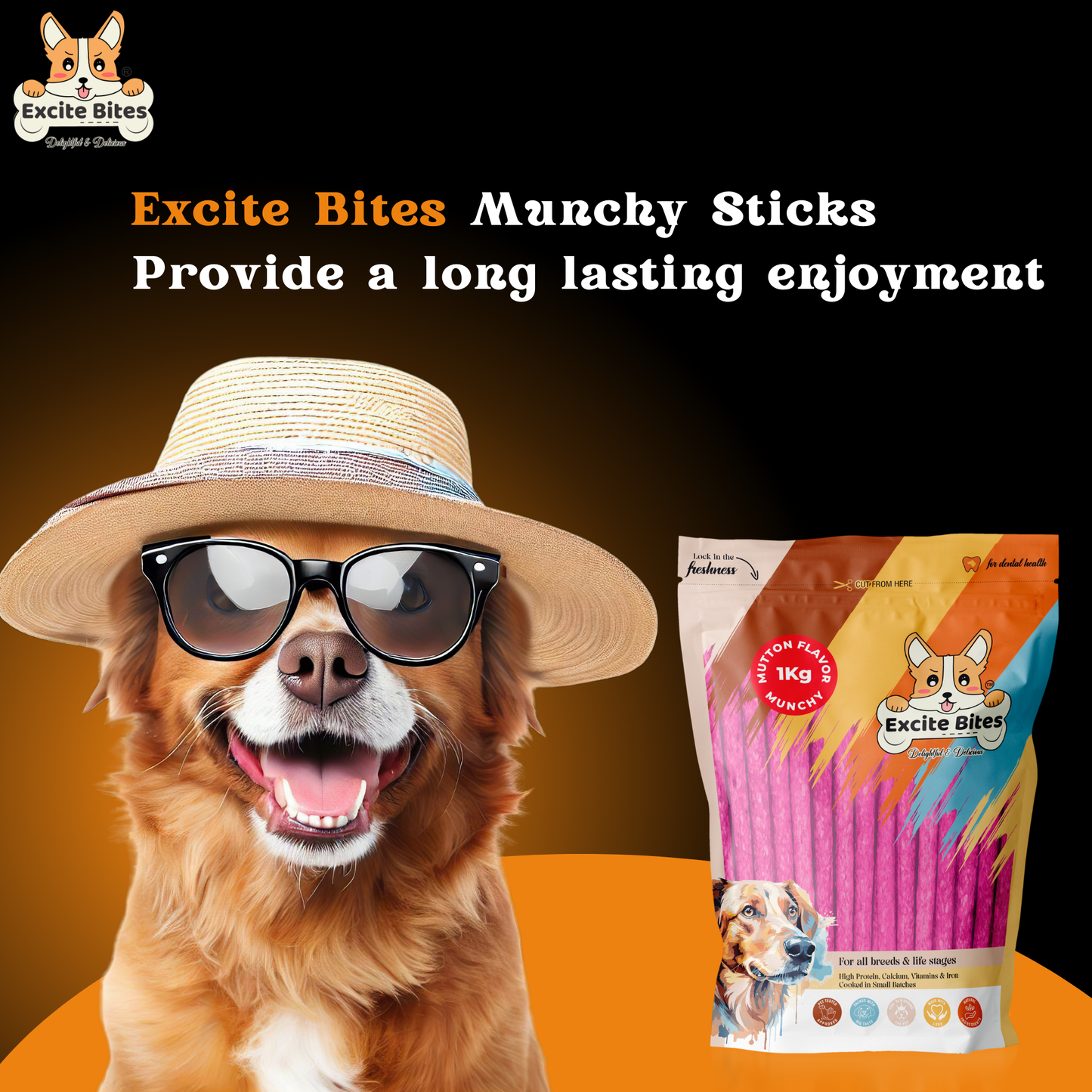 Excite Bites Mutton Flavor | Munchy Sticks | 1 kg | 100 Pieces | Dog Chews | Nutritional Dog Chews | Protein Chews | Dog Treat | Long-Lasting Chews