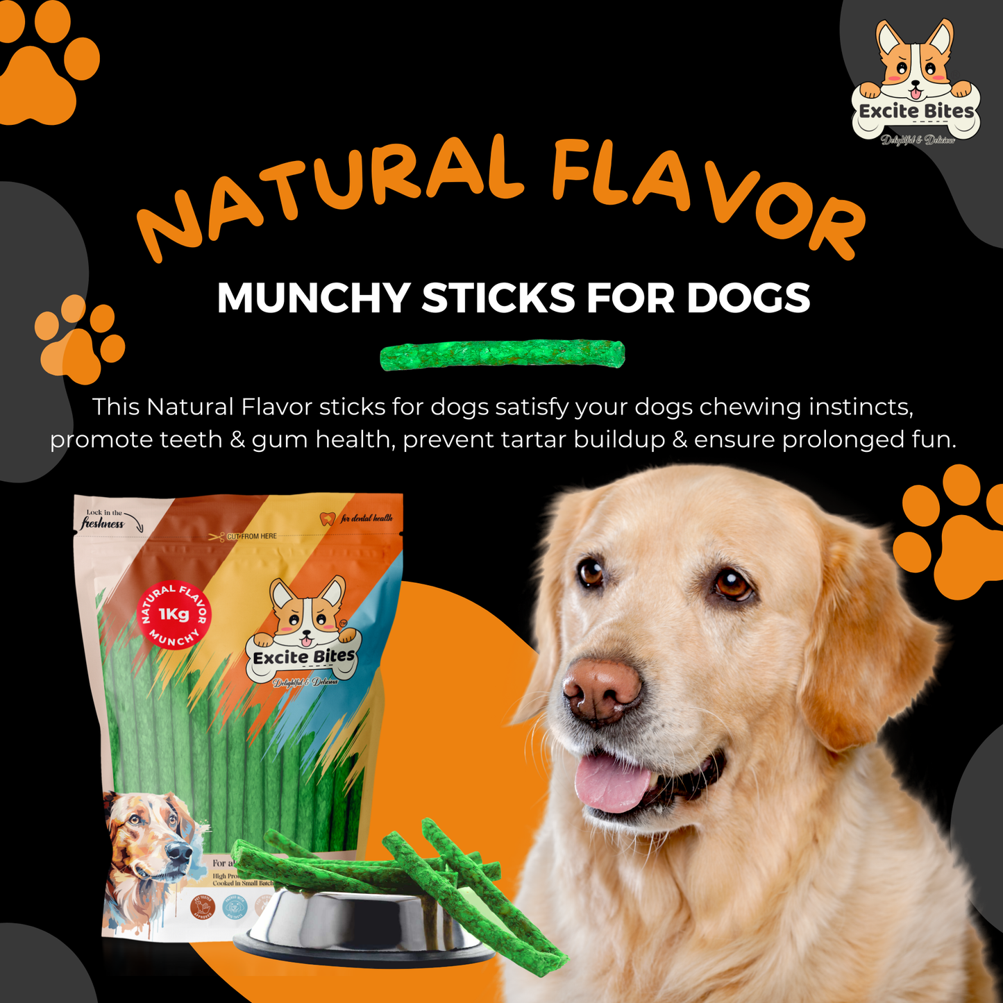 Excite Bites Natural Flavor Munchy Sticks - 1 kg (100 Pieces Dog Chews)
