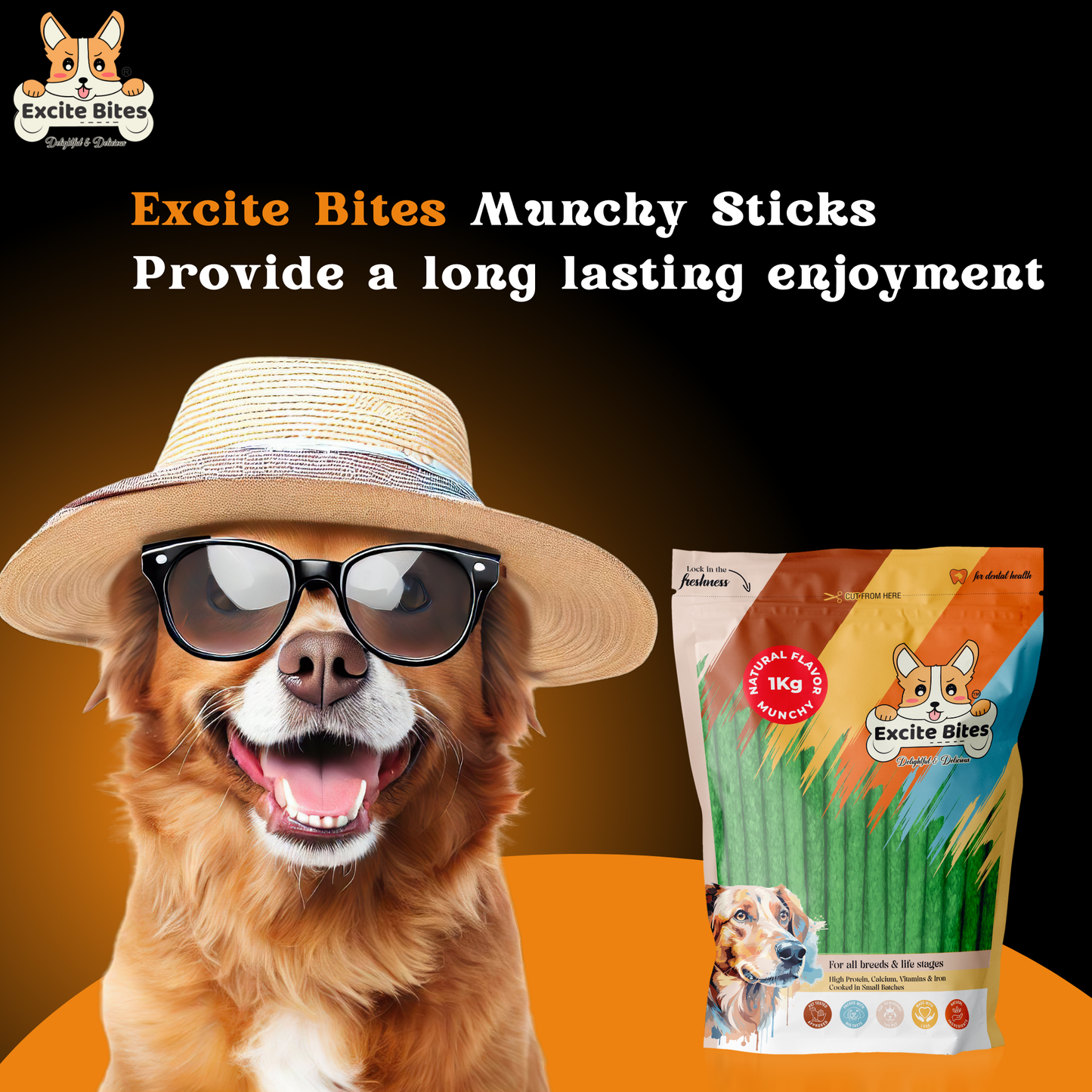 Excite Bites Natural Flavor Munchy Sticks - 1 kg (100 Pieces Dog Chews)