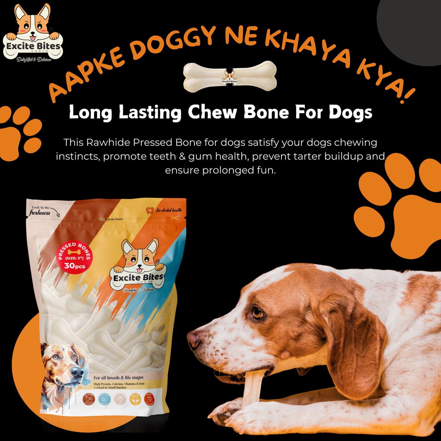 Excite Bites Dog Rawhide Pressed Bones Mega Pack (Dog Chews) (Size 3") (1 Kg Pack)