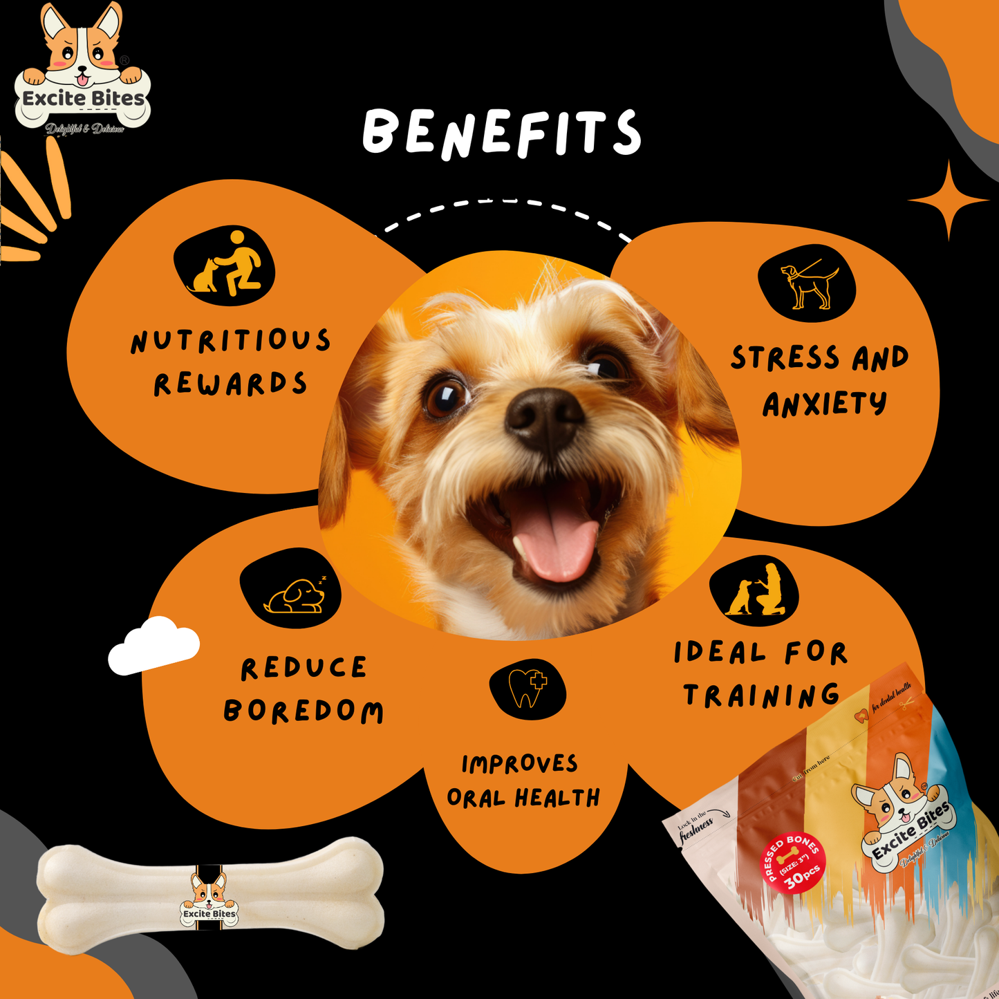 Excite Bites Dog Rawhide Pressed Bones Mega Pack (Dog Chews) (Size 3") (1 Kg Pack)