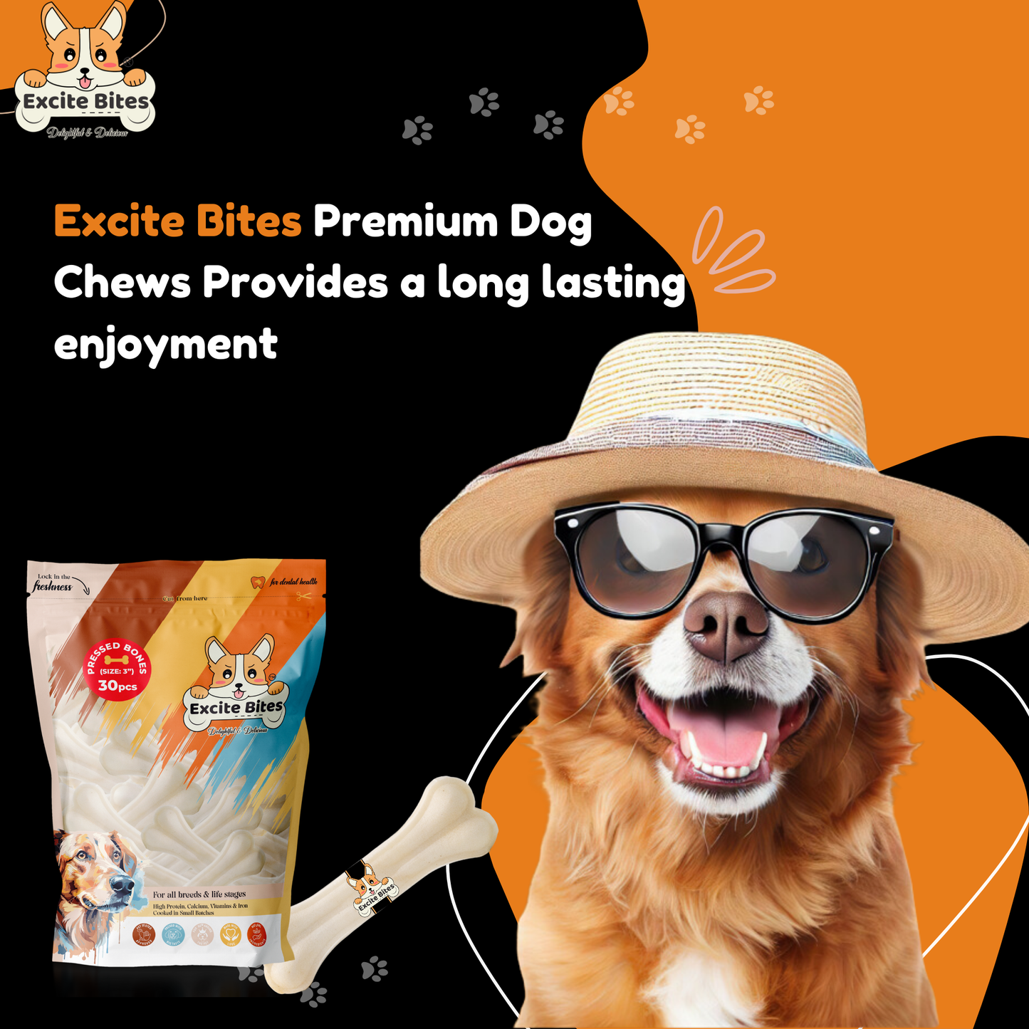 Excite Bites Dog Rawhide Pressed Bones Mega Pack (Dog Chews) (Size 3") (1 Kg Pack)
