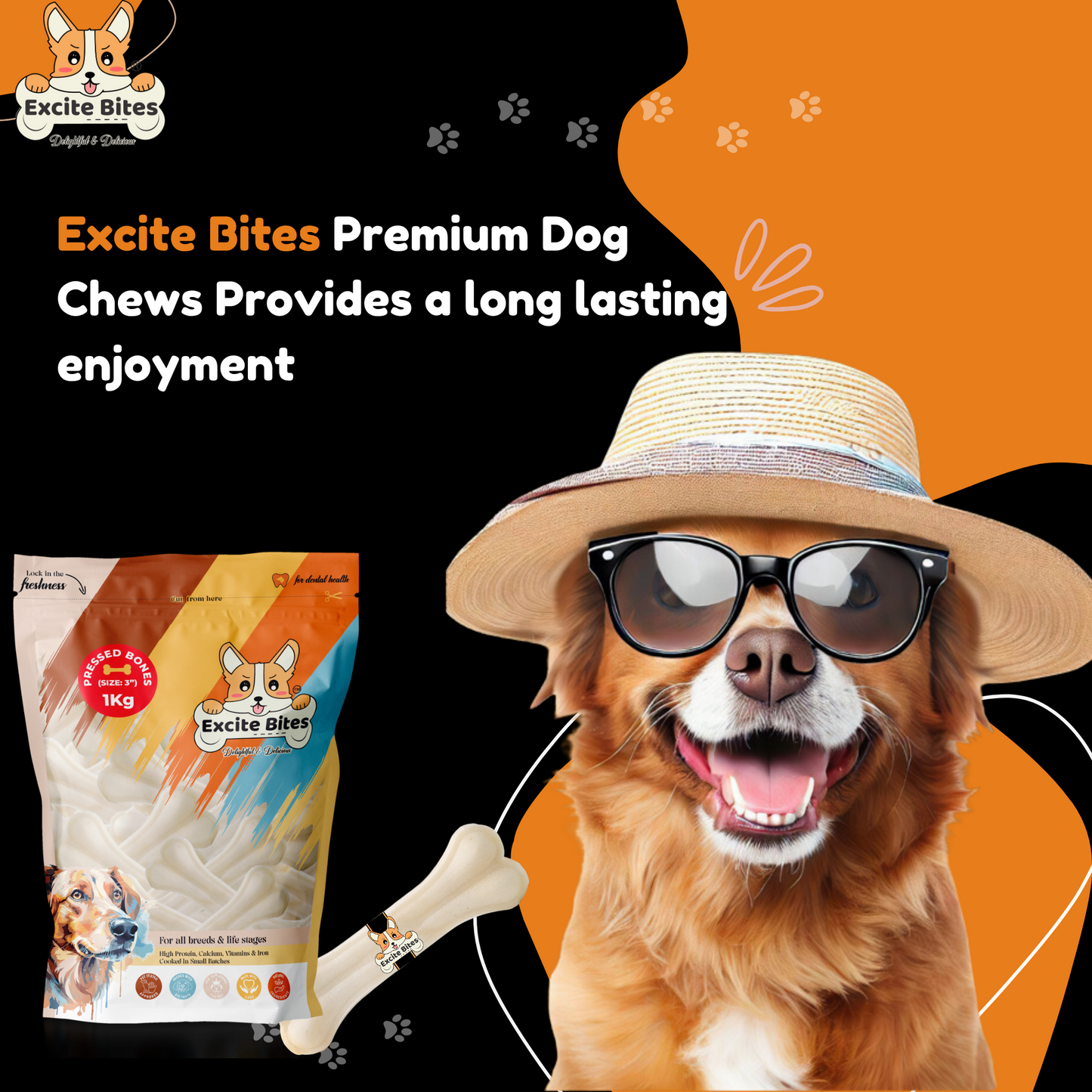 Excite Bites Dog Rawhide Pressed Bones Mega Pack (Dog Chews) (Size 3") (1 Kg Pack)