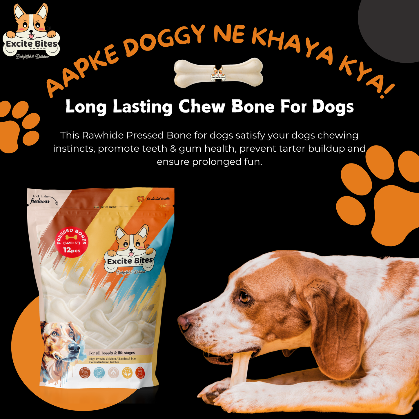 Excite Bites Dog Rawhide Pressed Bones Mega Pack (Dog Chews) (Size 5") (12 Pcs)