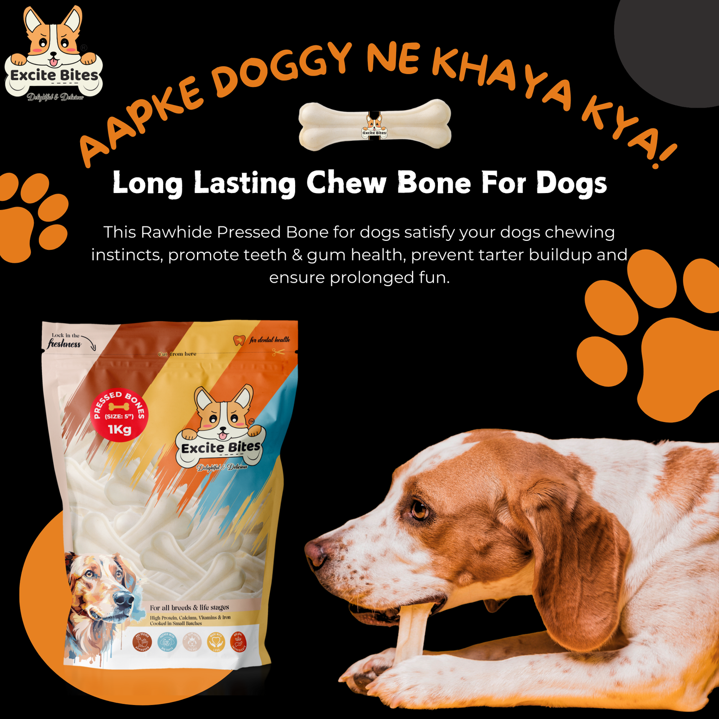 Excite Bites Dog Rawhide Pressed Bones Mega Pack (Dog Chews) (Size 5") (12 Pcs)