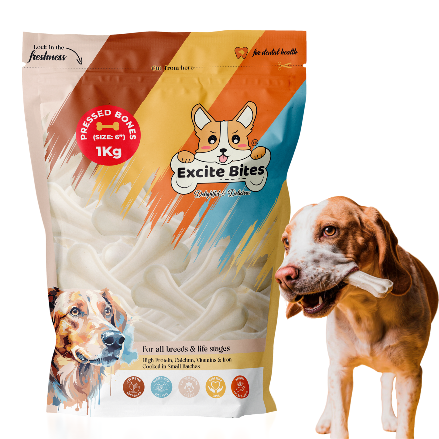 Excite Bites Dog Rawhide Pressed Bones Mega Pack (Dog Chews) (Size 6") (1 Kg Pack)