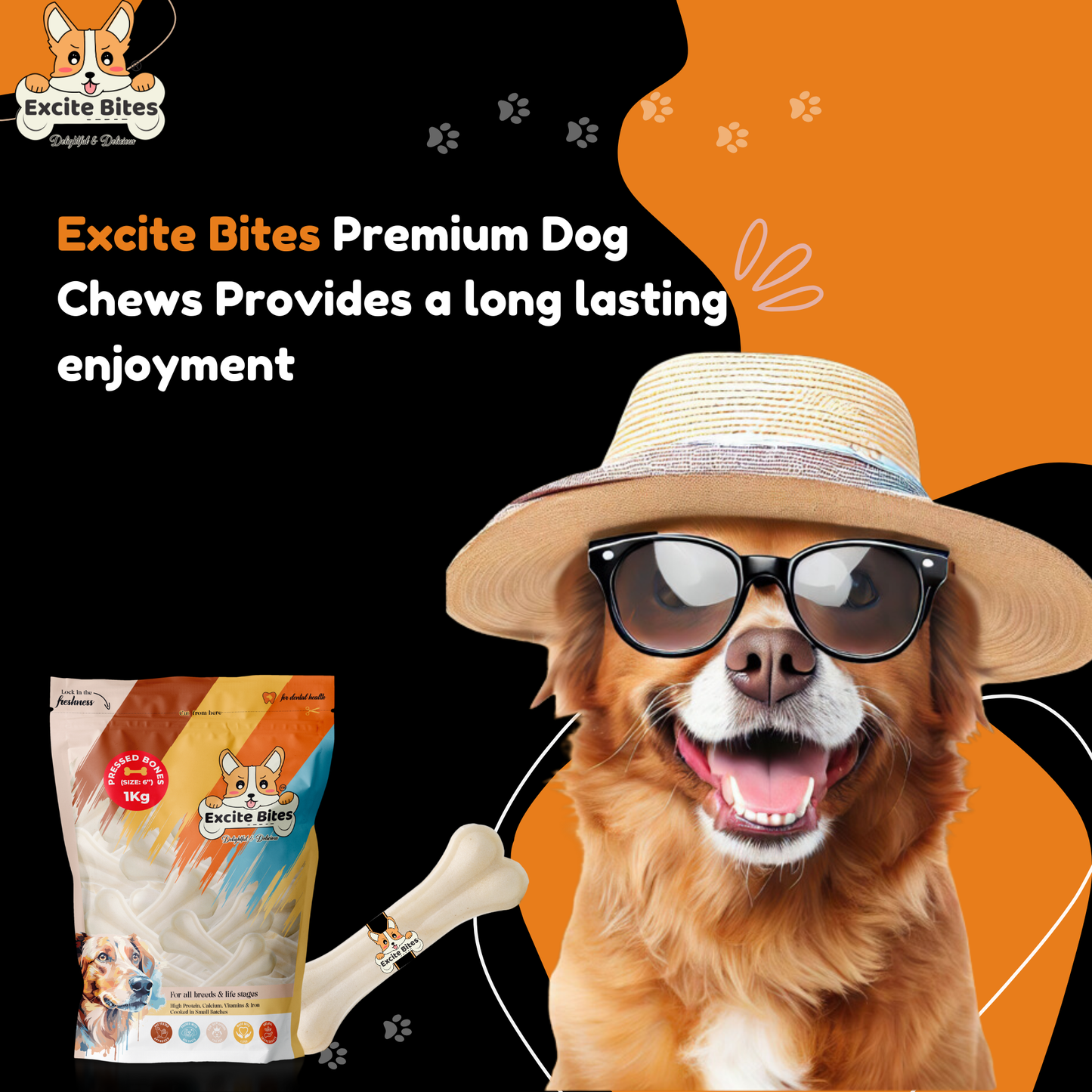Excite Bites Dog Rawhide Pressed Bones Mega Pack (Dog Chews) (Size 6") (1 Kg Pack)