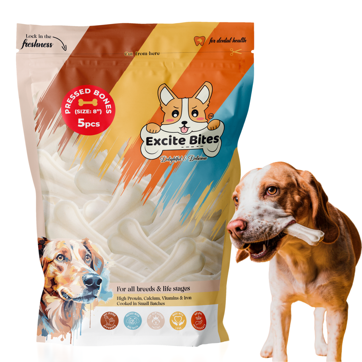 Excite Bites Dog Rawhide Pressed Bones Mega Pack (Dog Chews) (Size 8") (1 Kg Pack)