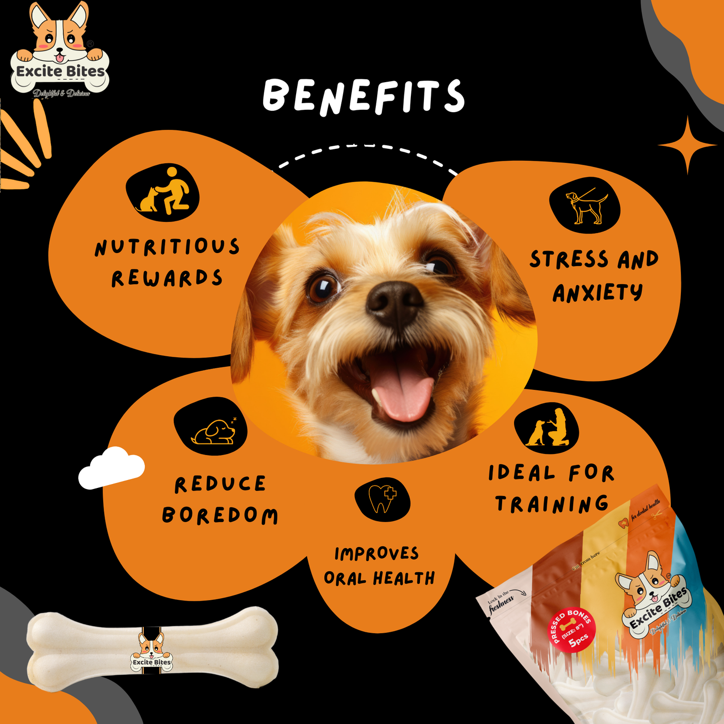 Excite Bites Dog Rawhide Pressed Bones Mega Pack (Dog Chews) (Size 8") (1 Kg Pack)