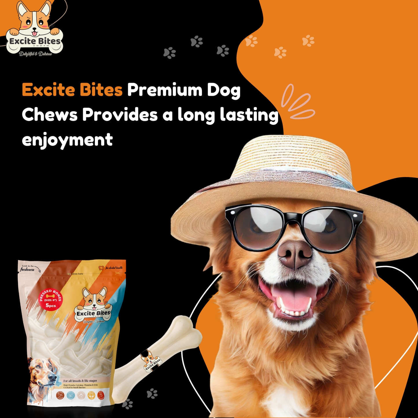 Excite Bites Dog Rawhide Pressed Bones Mega Pack (Dog Chews) (Size 8") (1 Kg Pack)