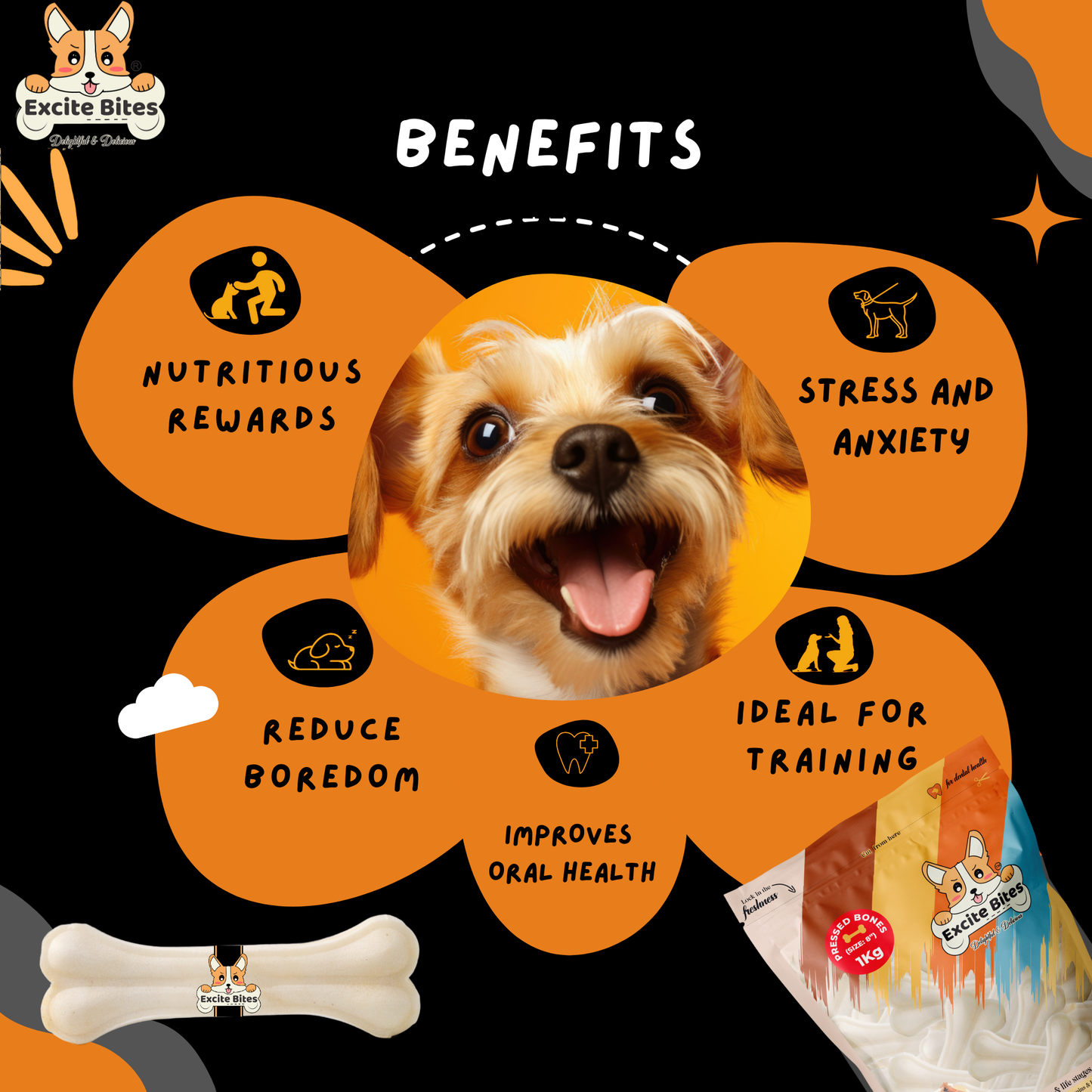 Excite Bites Dog Rawhide Pressed Bones Mega Pack (Dog Chews) (Size 8") (1 Kg Pack)