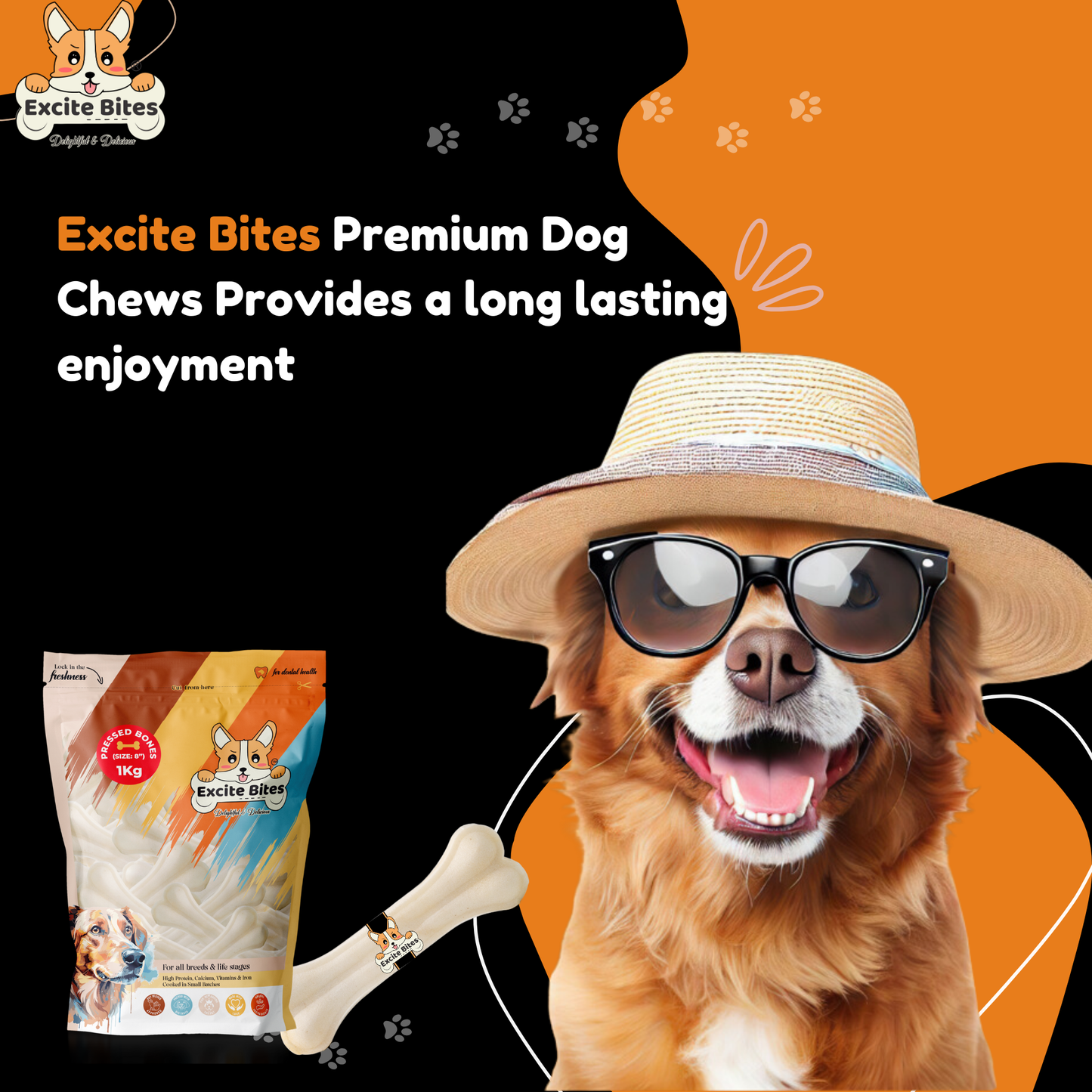 Excite Bites Dog Rawhide Pressed Bones Mega Pack (Dog Chews) (Size 8") (1 Kg Pack)