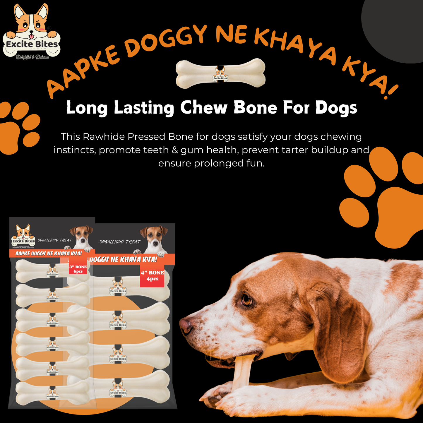 Excite Bites Combo Offer - Pet Rawhide Bones (Dog Chews) (3"-6Pcs)(4"-4Pcs), 385 g (Pack of 2)