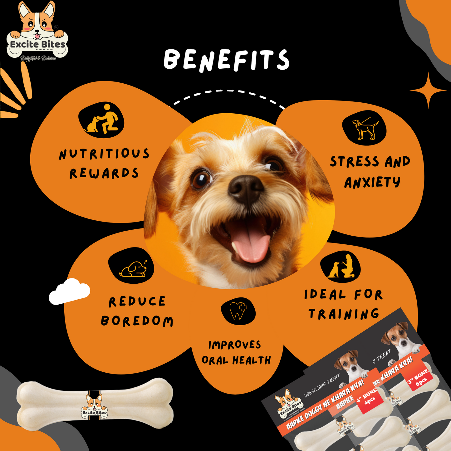 Excite Bites Combo Offer - Pet Rawhide Bones (Dog Chews) (3"-6Pcs)(4"-4Pcs), 385 g (Pack of 2)