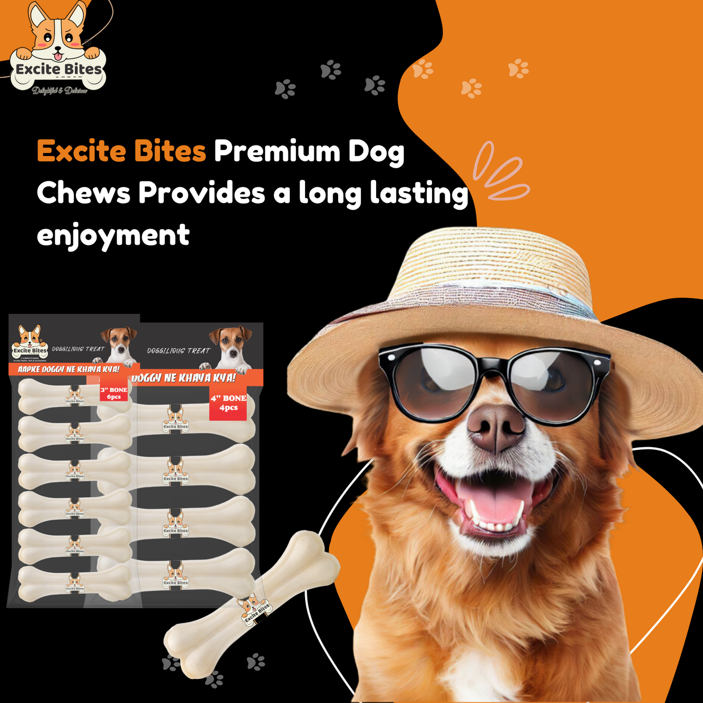 Excite Bites Combo Offer - Pet Rawhide Bones (Dog Chews) (3"-6Pcs)(4"-4Pcs), 385 g (Pack of 2)