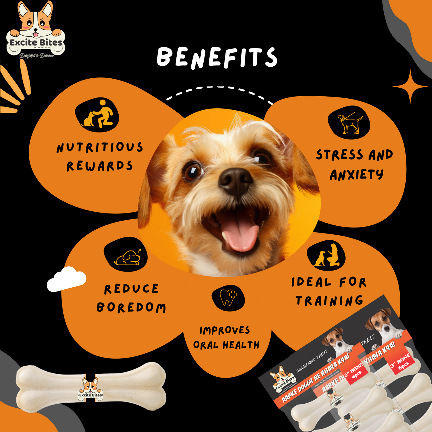 Excite Bites Combo Offer - Pet Rawhide Bones (Dog Chews) (3"-6Pcs)(5"-4Pcs), 485 g (Pack of 2)