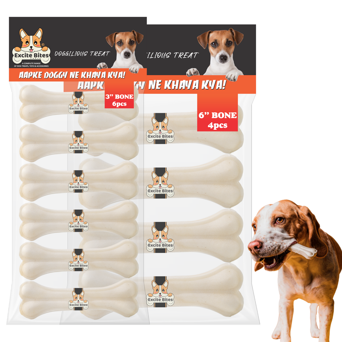 Excite Bites Combo Offer - Pet Rawhide Bones (Dog Chews) (3"-6Pcs)(6"-4Pcs), 650 g (Pack of 2)