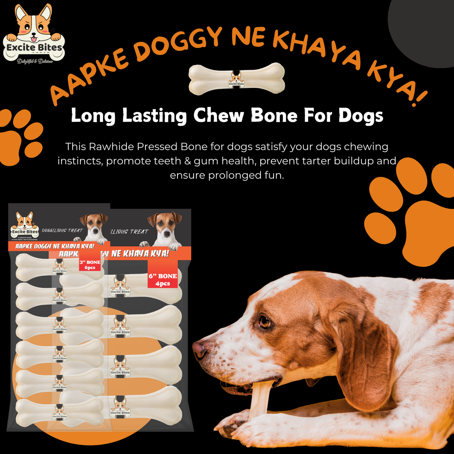 Excite Bites Combo Offer - Pet Rawhide Bones (Dog Chews) (3"-6Pcs)(6"-4Pcs), 650 g (Pack of 2)
