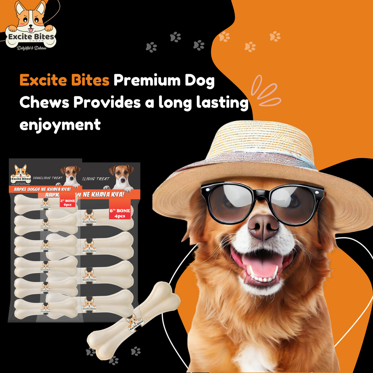 Excite Bites Combo Offer - Pet Rawhide Bones (Dog Chews) (3"-6Pcs)(6"-4Pcs), 650 g (Pack of 2)