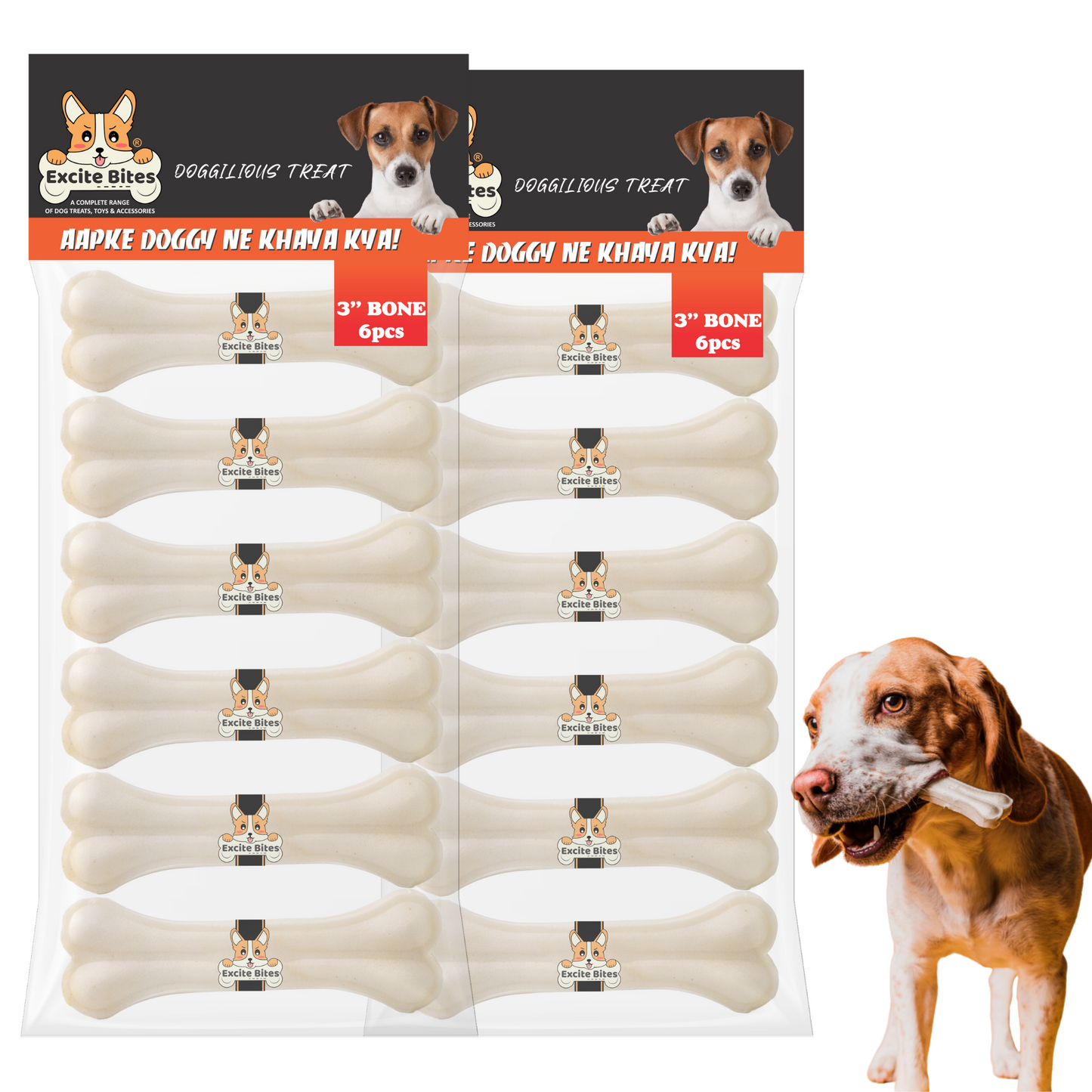 Excite Bites Combo Offer - Pet Rawhide Bones (Dog Chews) (3"-6Pcs), 200 g (Pack of 2)