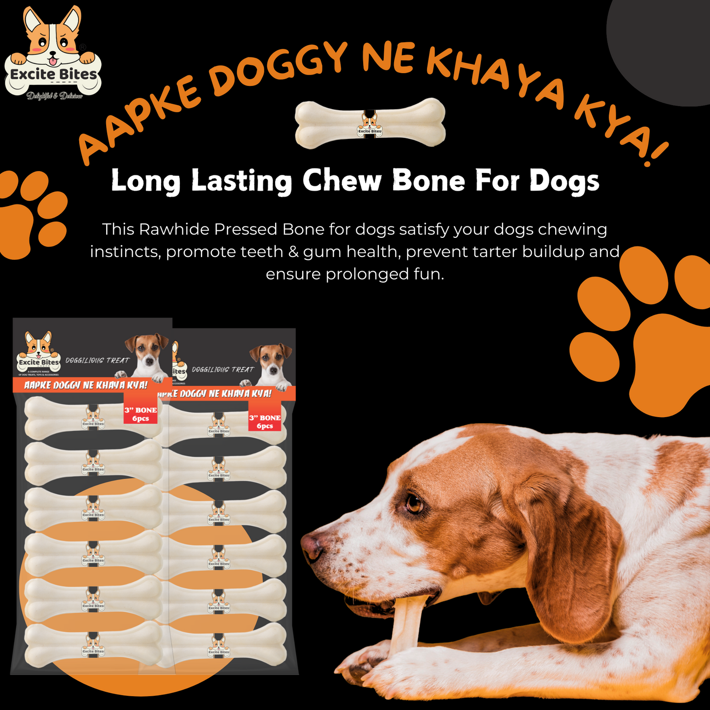 Excite Bites Combo Offer - Pet Rawhide Bones (Dog Chews) (3"-6Pcs), 200 g (Pack of 2)