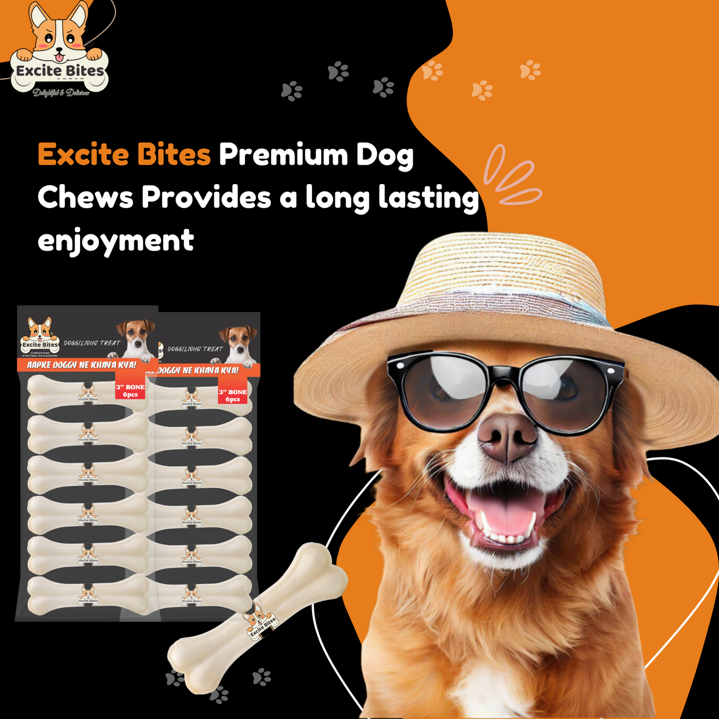 Excite Bites Combo Offer - Pet Rawhide Bones (Dog Chews) (3"-6Pcs), 200 g (Pack of 2)