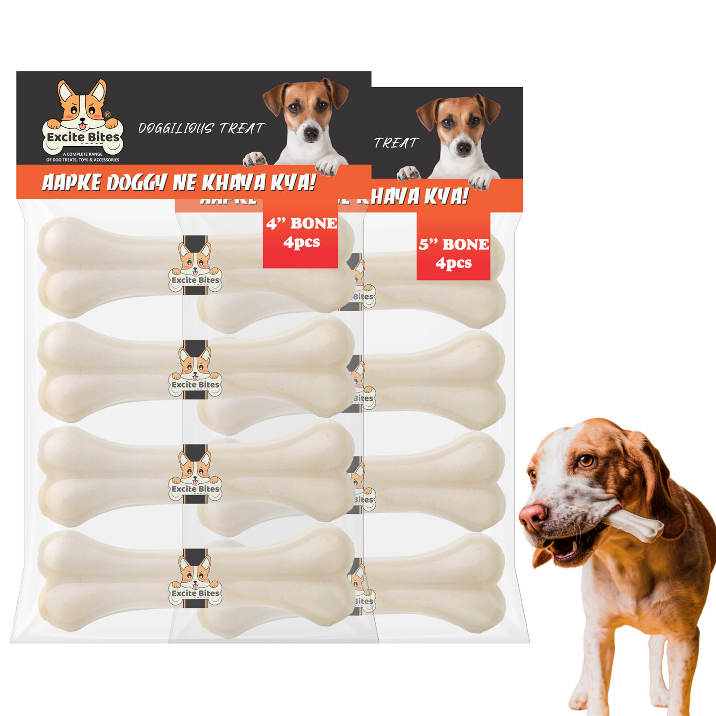 Excite Bites Combo Offer - Pet Rawhide Bones (Dog Chews) (4"-4Pcs)(5"-4Pcs), 465 g (Pack of 2)