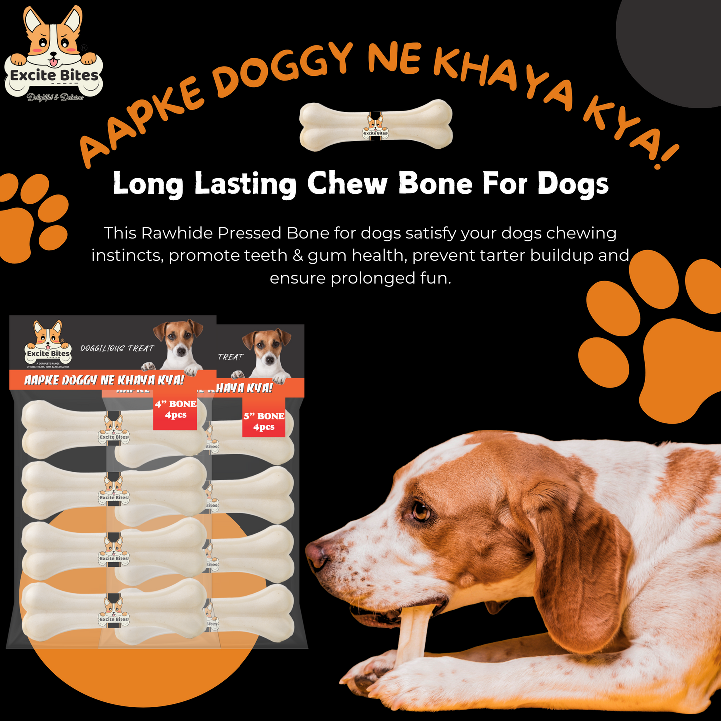 Excite Bites Combo Offer - Pet Rawhide Bones (Dog Chews) (4"-4Pcs)(5"-4Pcs), 465 g (Pack of 2)