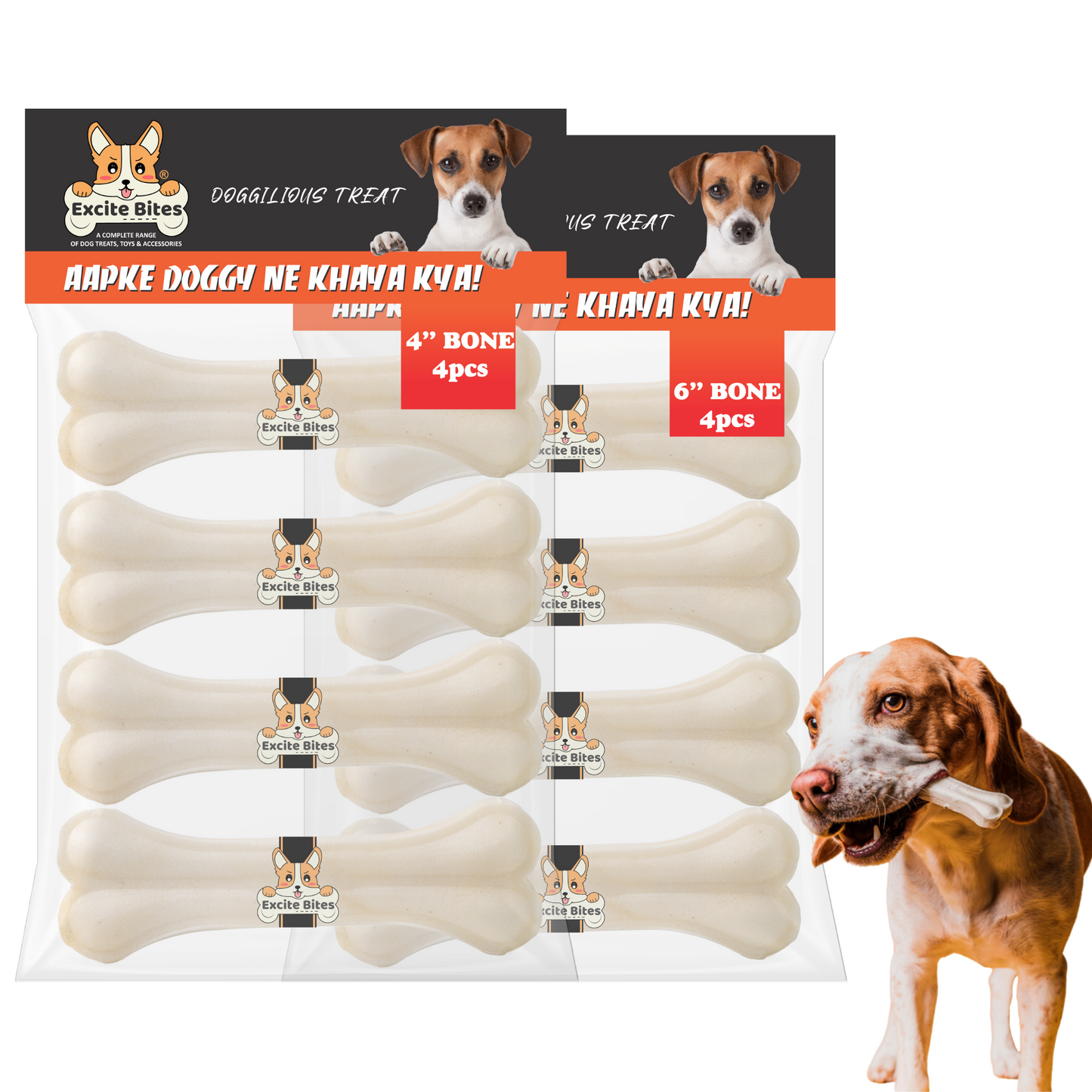 Excite Bites Combo Offer - Pet Rawhide Bones (Dog Chews) (4"-4Pcs)(6"-4Pcs), 630 g (Pack of 2)
