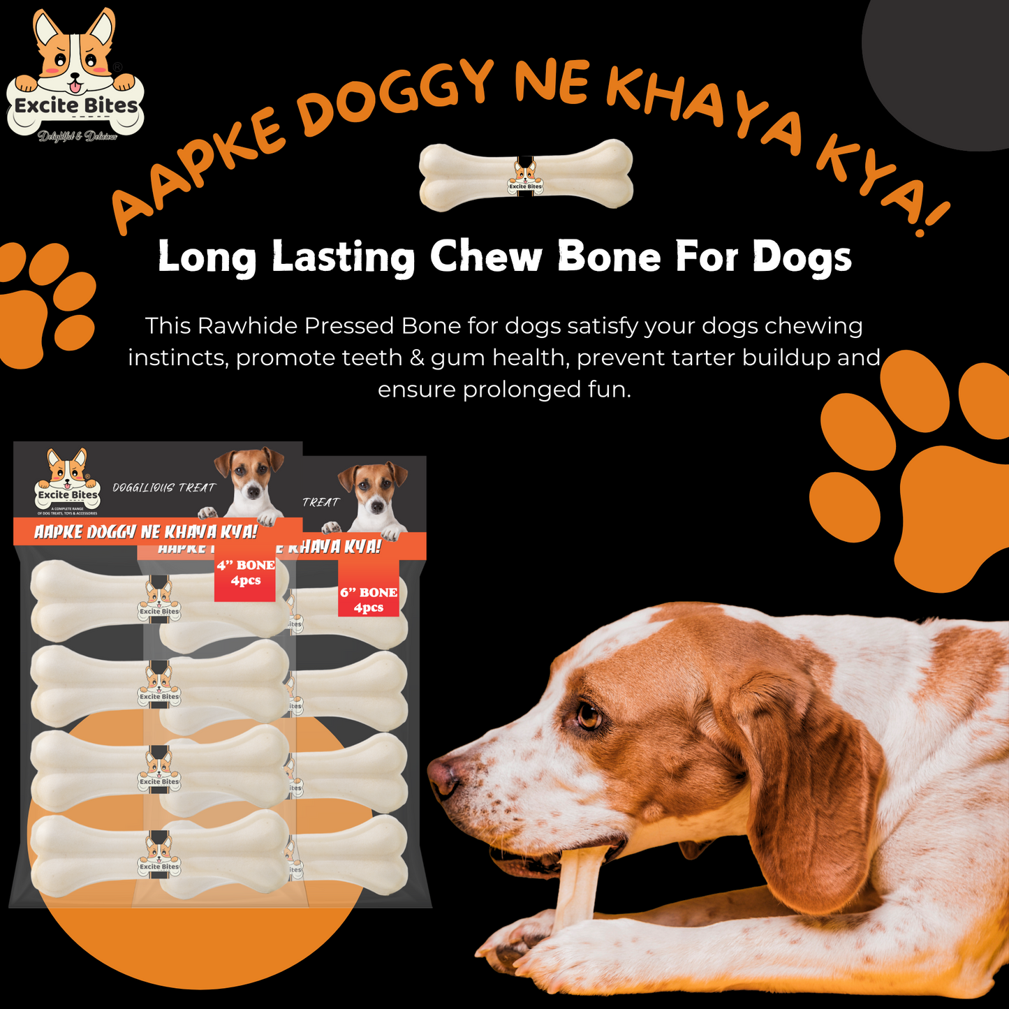 Excite Bites Combo Offer - Pet Rawhide Bones (Dog Chews) (4"-4Pcs)(6"-4Pcs), 630 g (Pack of 2)