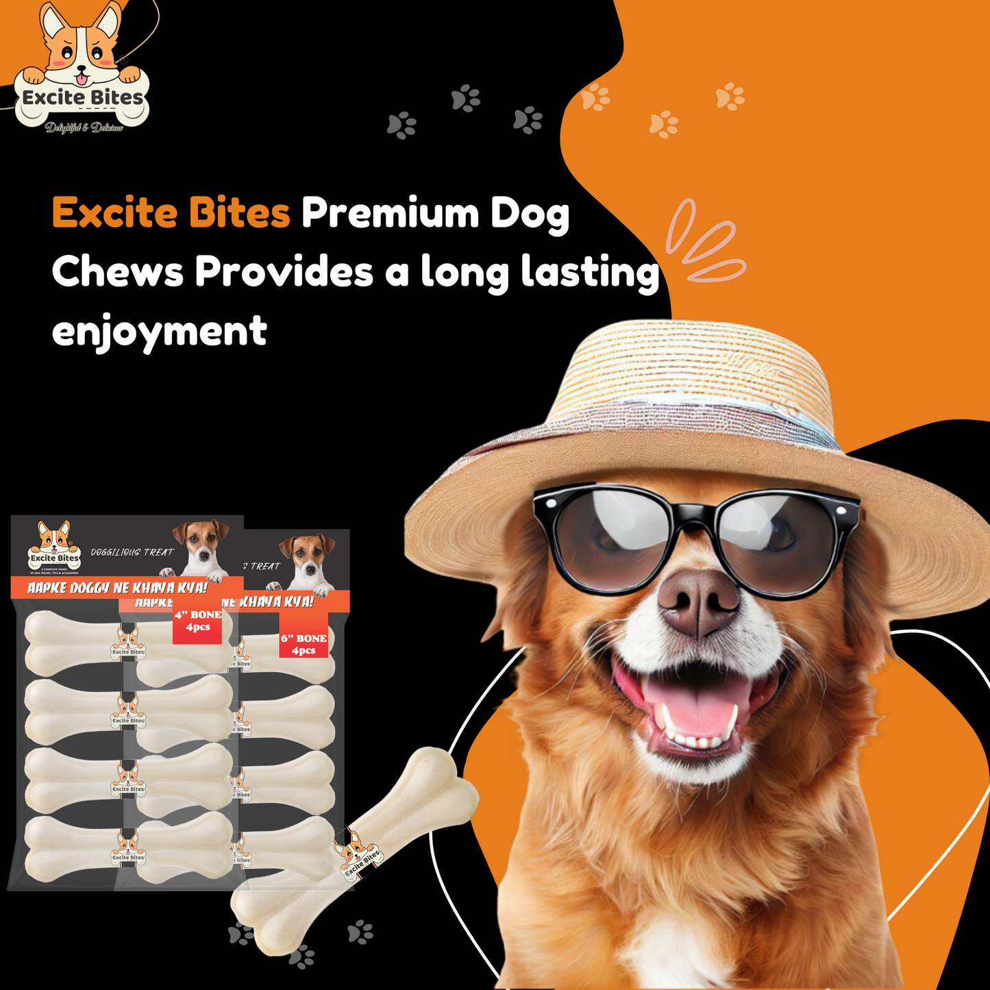 Excite Bites Combo Offer - Pet Rawhide Bones (Dog Chews) (4"-4Pcs)(6"-4Pcs), 630 g (Pack of 2)