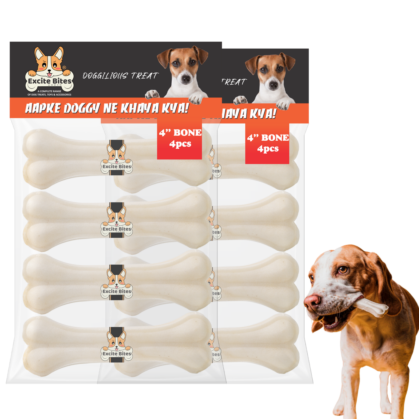Excite Bites Combo Offer - Pet Rawhide Bones (Dog Chews) (4"-4Pcs), 185 g (Pack of 2)