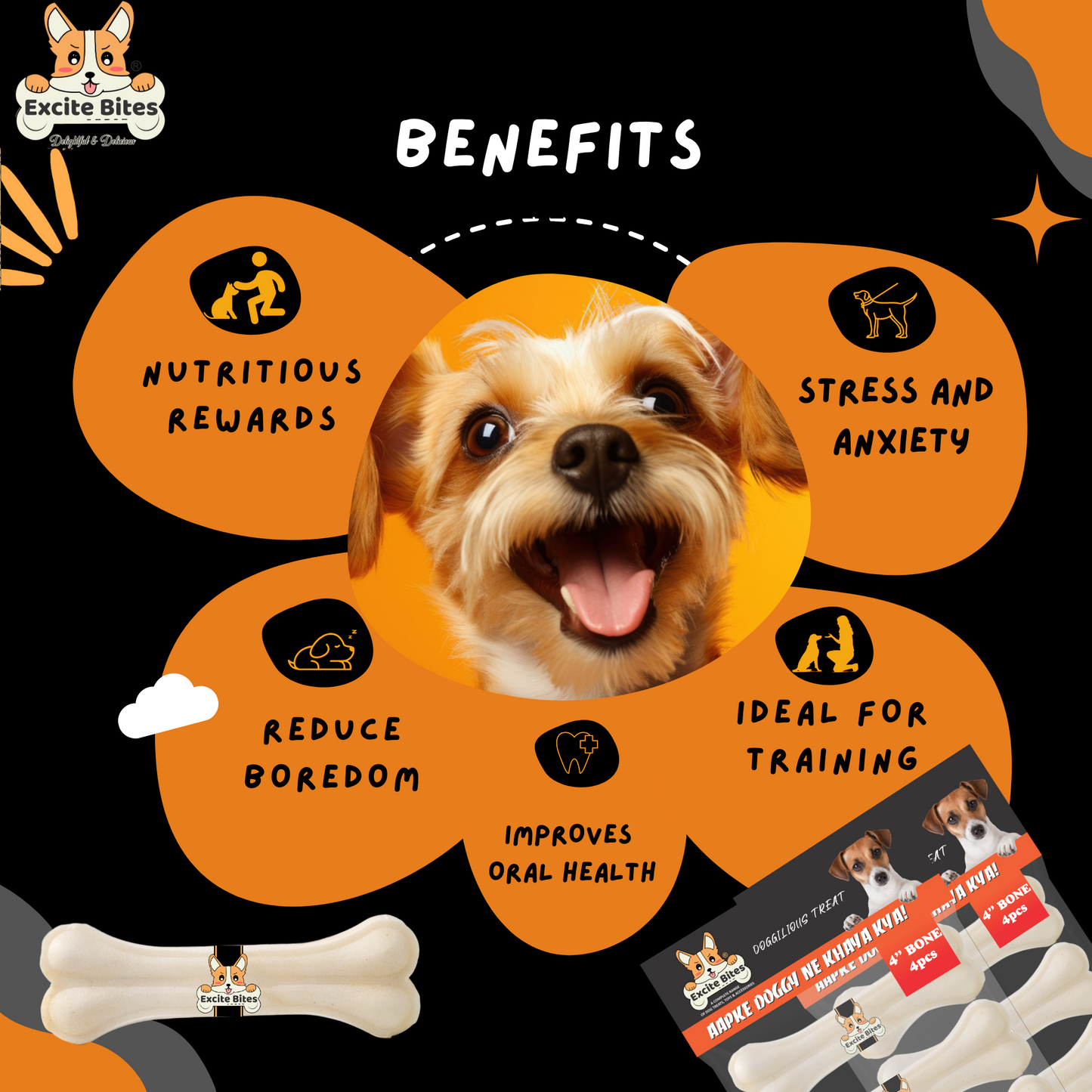 Excite Bites Combo Offer - Pet Rawhide Bones (Dog Chews) (4"-4Pcs), 185 g (Pack of 2)