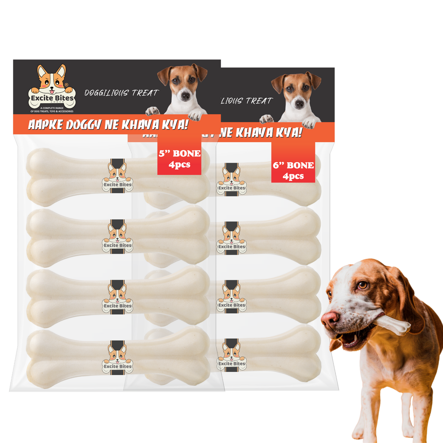 Excite Bites Combo Offer - Pet Rawhide Bones (Dog Chews) (5"-4Pcs)(6"-4Pcs), 730 g (Pack of 2)