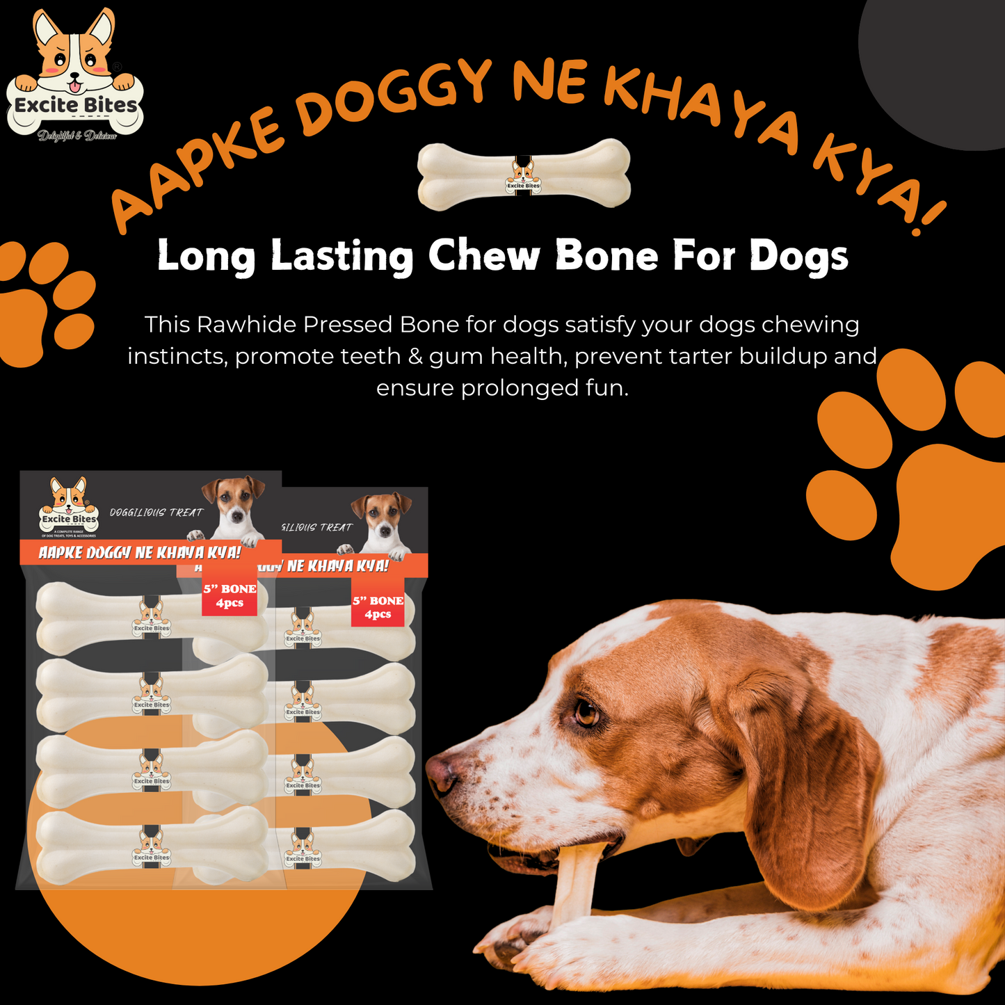 Excite Bites Combo Offer - Pet Rawhide Bones (Dog Chews) (5"-4Pcs), 280 G (Pack Of 2)