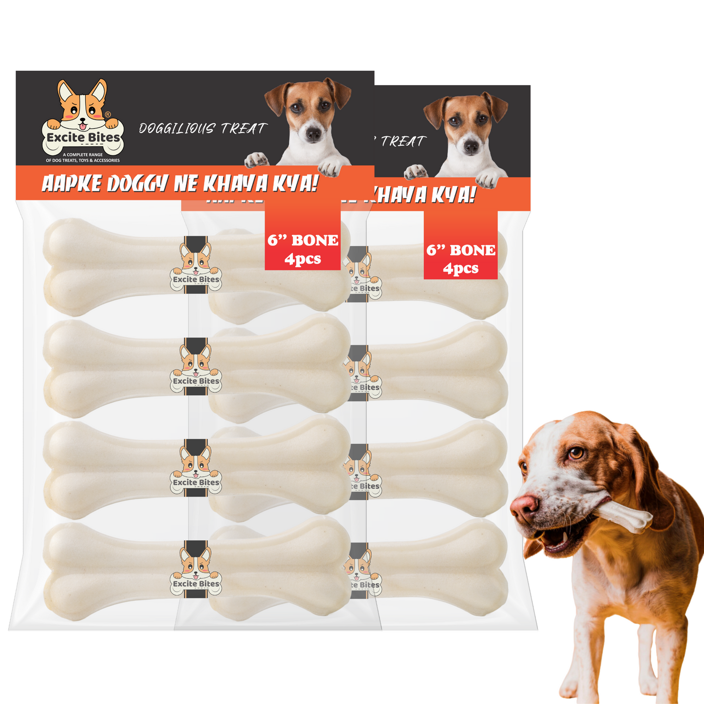 Excite Bites Combo Offer - Pet Rawhide Bones (Dog Chews) (6"-4Pcs), 450 g (Pack of 2)