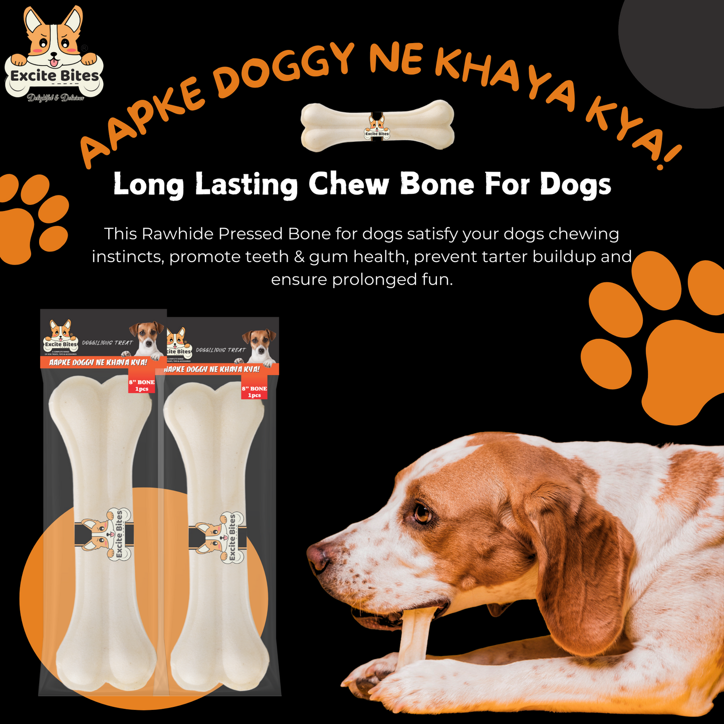 Excite Bites Combo Offer - Pet Rawhide Bones (Dog Chews) (8"-1Pcs), 150 g (Pack of 2)