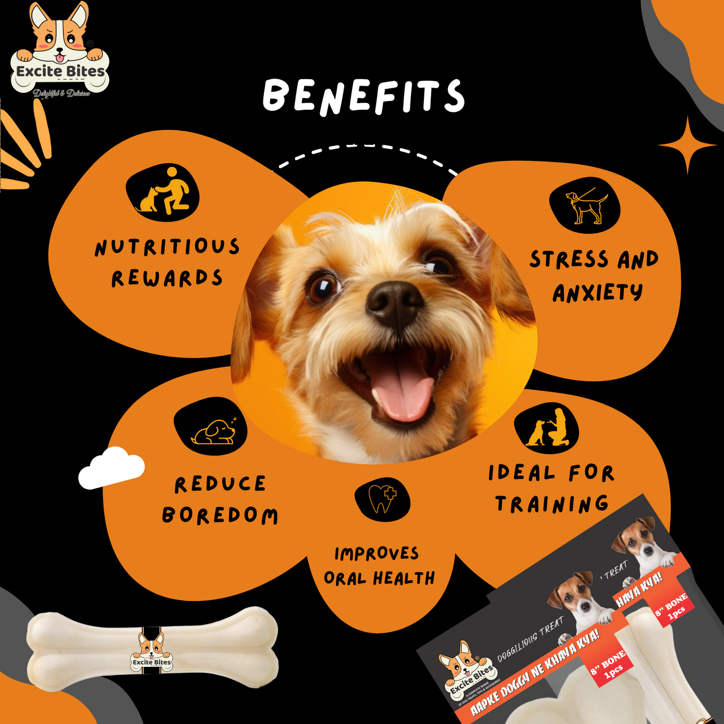 Excite Bites Combo Offer - Pet Rawhide Bones (Dog Chews) (8"-1Pcs), 150 g (Pack of 2)