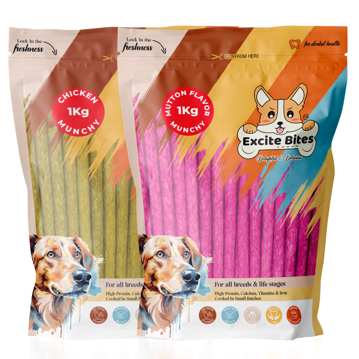 Excite Bites Combo Offer - Chicken Munchy Sticks & Mutton Munchy Sticks - Dog Chew Sticks, 1000 g (Pack of 2)