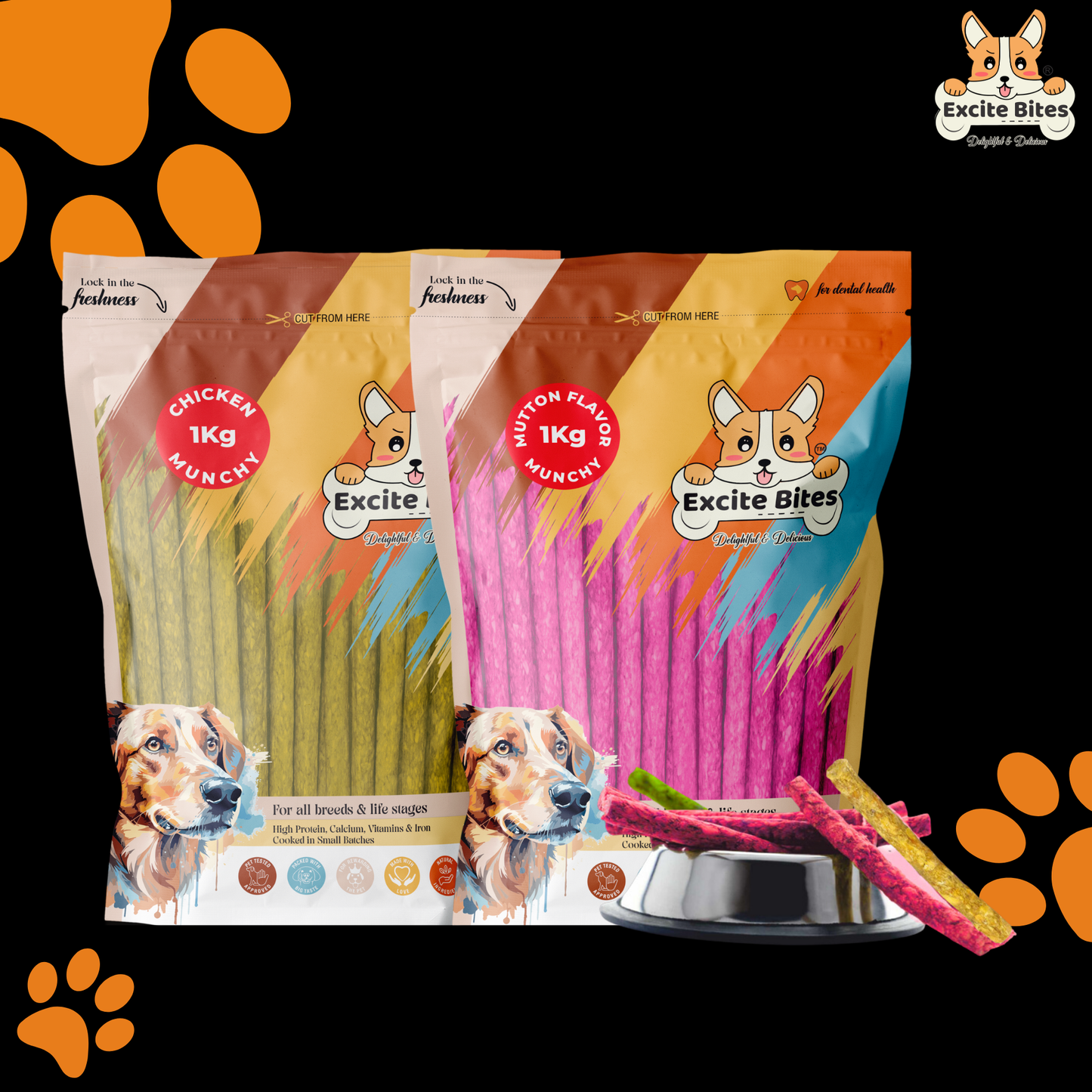 Excite Bites Combo Offer - Chicken Munchy Sticks & Mutton Munchy Sticks - Dog Chew Sticks, 1000 g (Pack of 2)