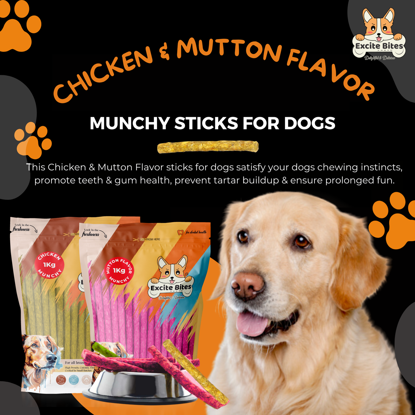 Excite Bites Combo Offer - Chicken Munchy Sticks & Mutton Munchy Sticks - Dog Chew Sticks, 1000 g (Pack of 2)