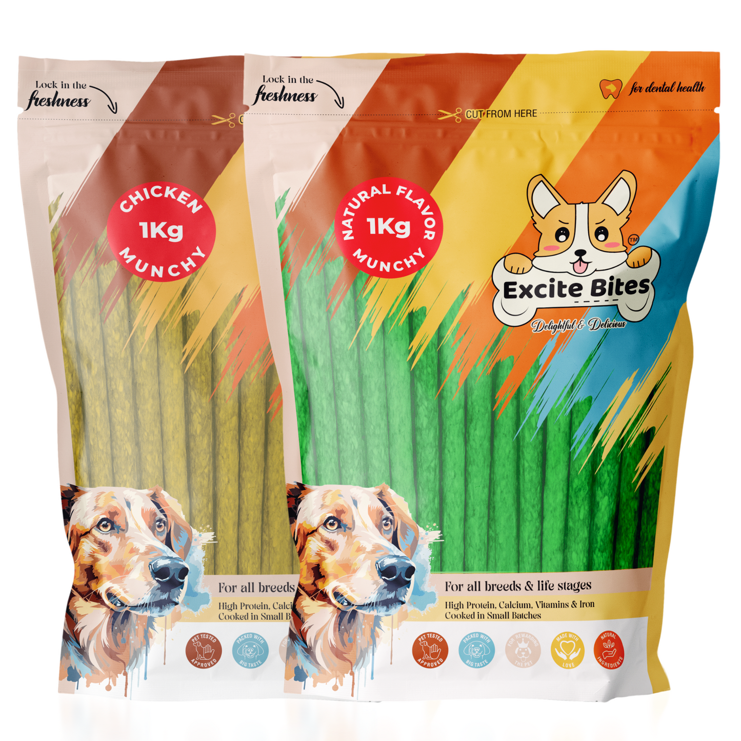 Excite Bites Combo Offer - Chicken Munchy Sticks & Natural Munchy Sticks - Dog Chew Sticks, 1000 g (Pack of 2)